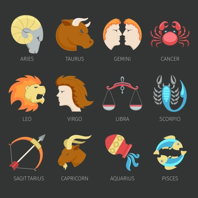 Twelve zodiac constellation astrological signs icons set isolated vector illustration