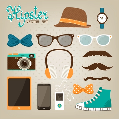 Hipster elements icons set of glasses bow hat and modern mobile phone vector illustration