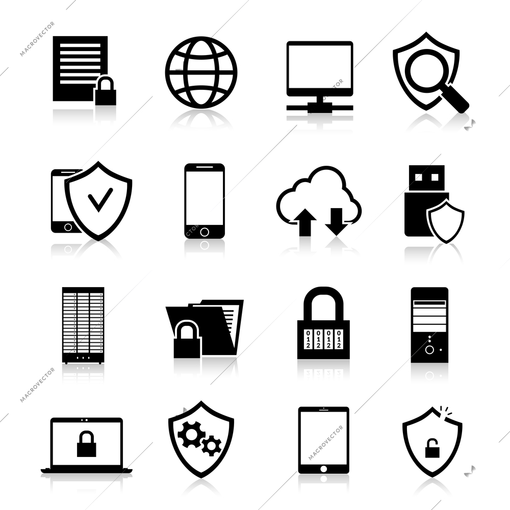 Data protection computer and web security technology black icons set isolated vector illustration