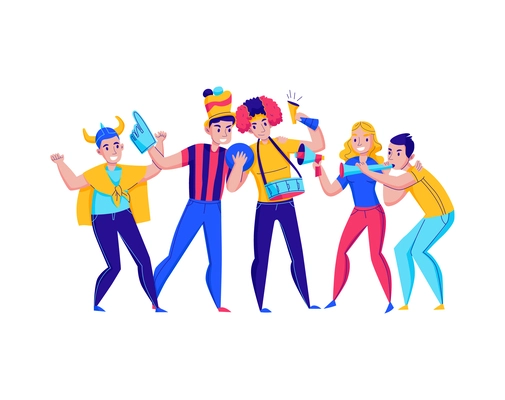 Fans cheering team composition with group of human characters wearing accessories cheering for the team vector illustration