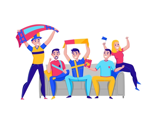 Fans cheering team composition with group of human characters wearing accessories cheering for the team vector illustration