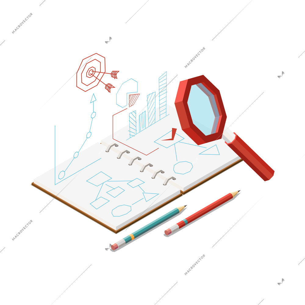 Business strategy isometric composition with isolated different elements and icons on the theme with abstract compositions vector illustration