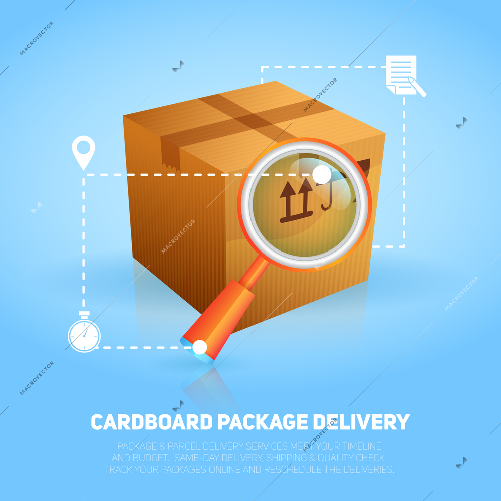 Logistic and delivery poster with cardboard box package and magnifier vector illustration