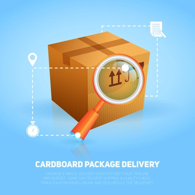 Logistic and delivery poster with cardboard box package and magnifier vector illustration