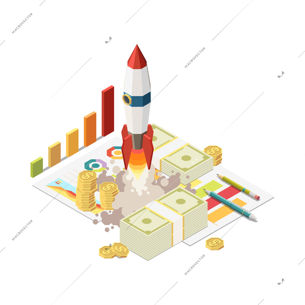 Business strategy isometric composition with isolated different elements and icons on the theme with abstract compositions vector illustration