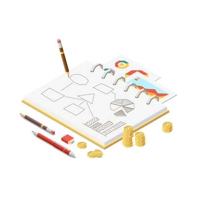 Business strategy isometric composition with isolated different elements and icons on the theme with abstract compositions vector illustration