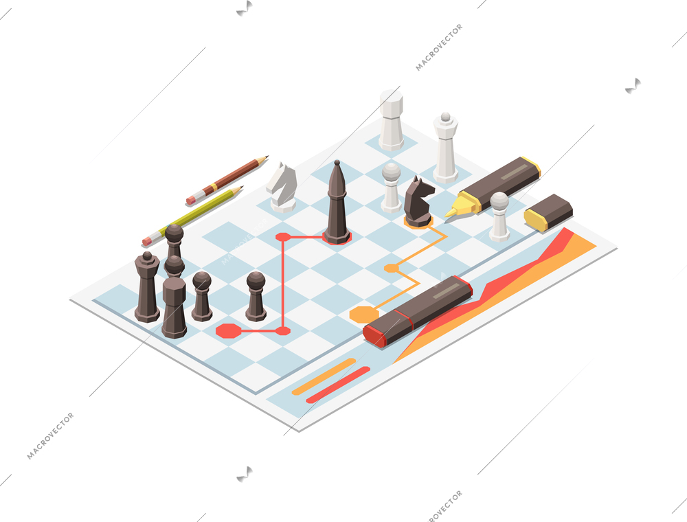 Business strategy isometric composition with isolated different elements and icons on the theme with abstract compositions vector illustration