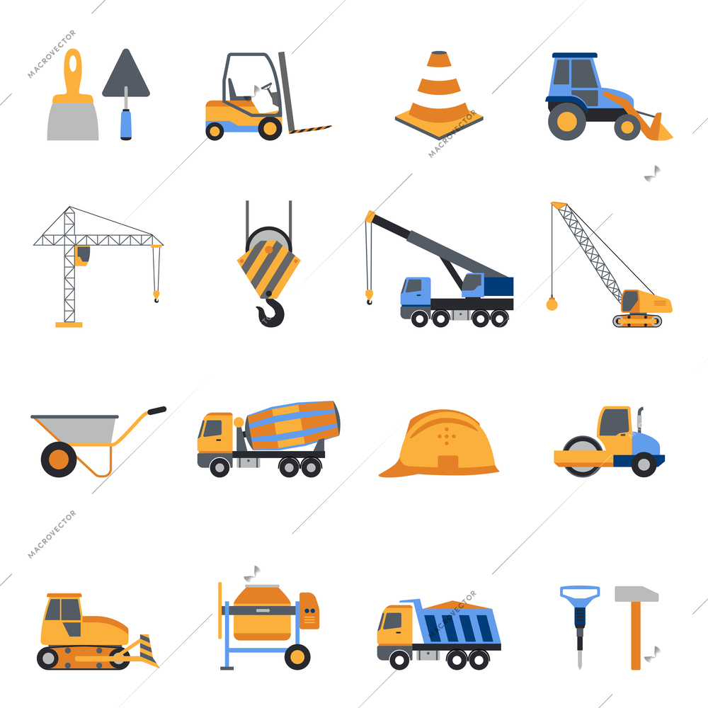 Construction icons set with builder tools and vehicles isolated vector illustration