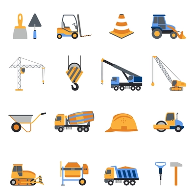 Construction icons set with builder tools and vehicles isolated vector illustration