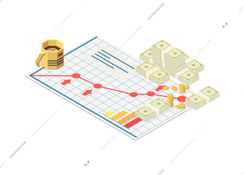 Business strategy isometric composition with isolated different elements and icons on the theme with abstract compositions vector illustration