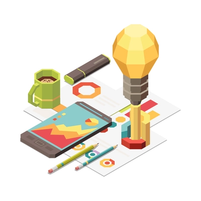 Business strategy isometric composition with isolated different elements and icons on the theme with abstract compositions vector illustration