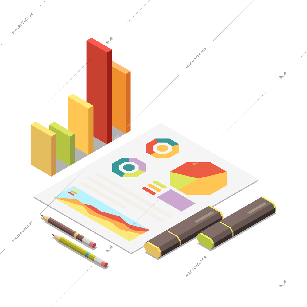 Business strategy isometric composition with isolated different elements and icons on the theme with abstract compositions vector illustration