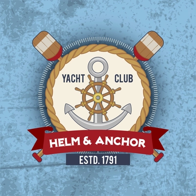 Vintage nautical emblem helm and anchor yacht club with anchor and wheel vector illustration