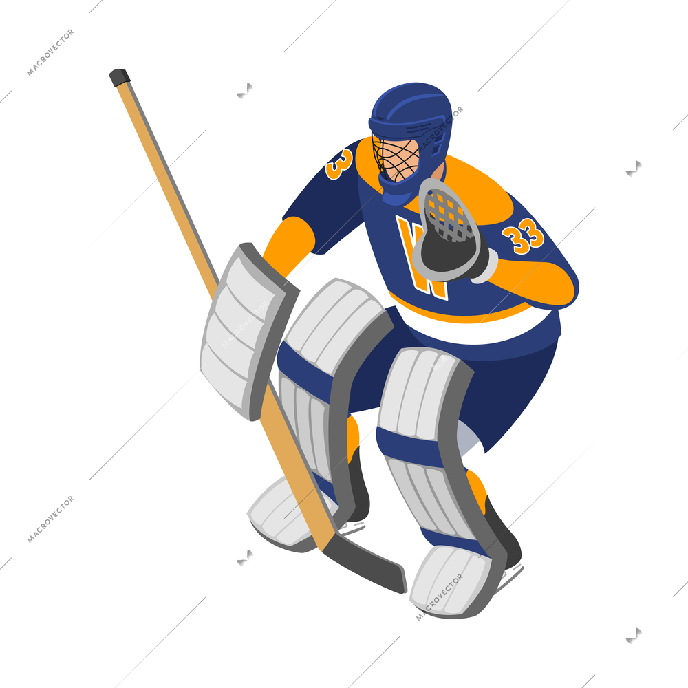 Ice hockey isometric composition with isolated human character in uniform on blank background vector illustration