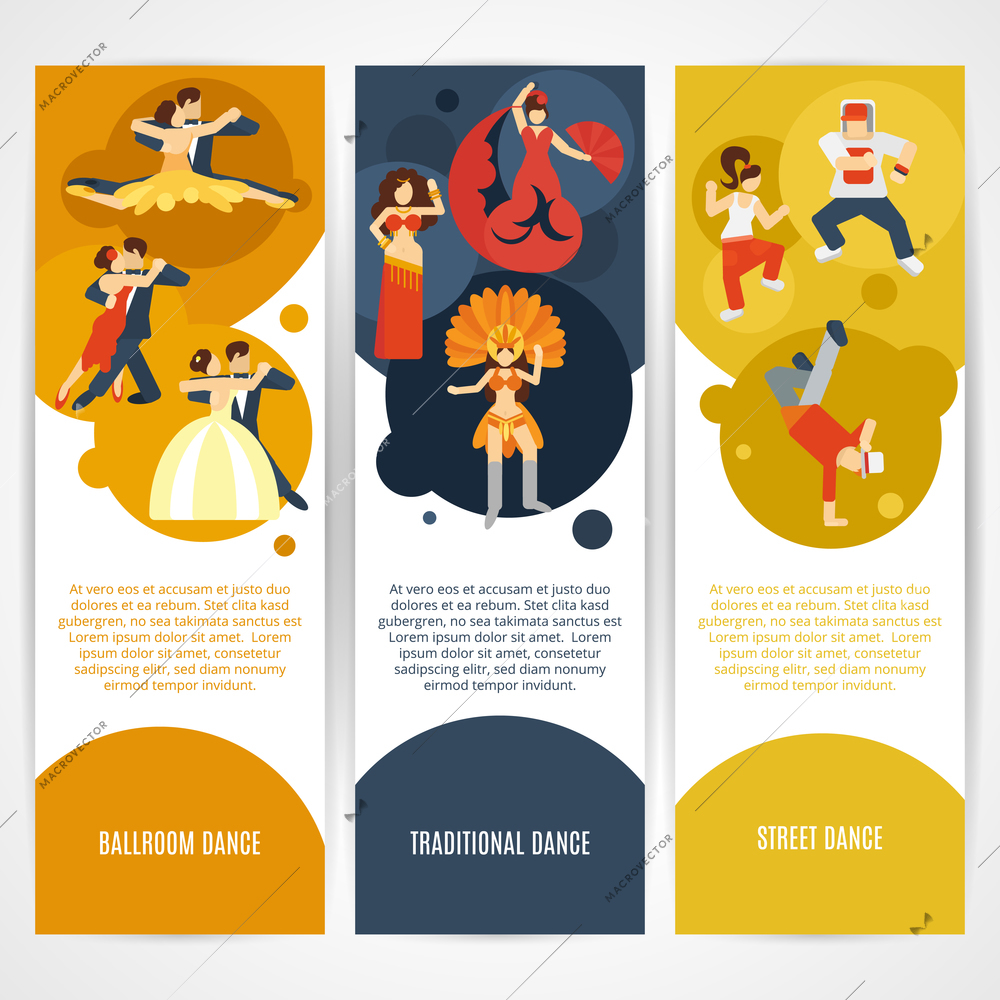 Dancing styles flat vertical banner set with ballroom street traditional elements isolated vector illustration