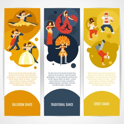 Dancing styles flat vertical banner set with ballroom street traditional elements isolated vector illustration