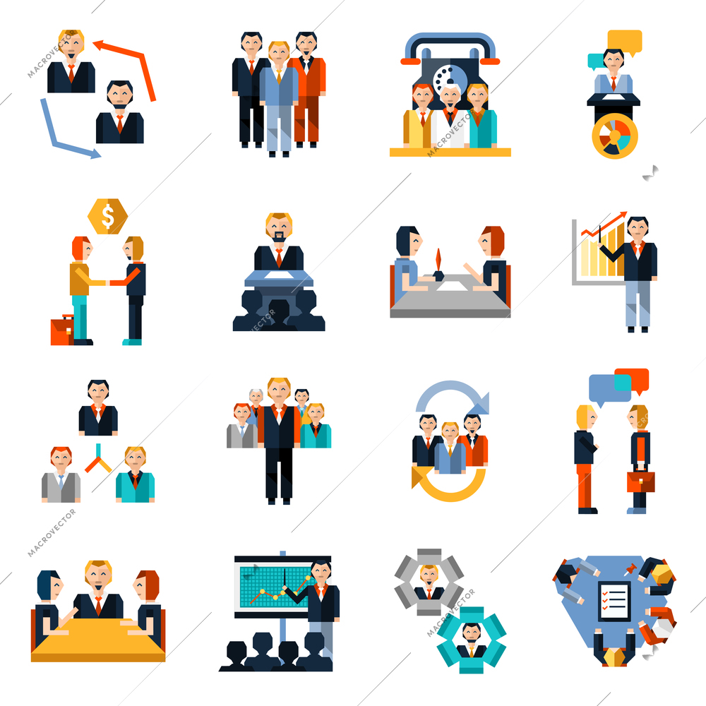 Meeting icons set with teamwork contract discussion group collaboration elements isolated vector illustration