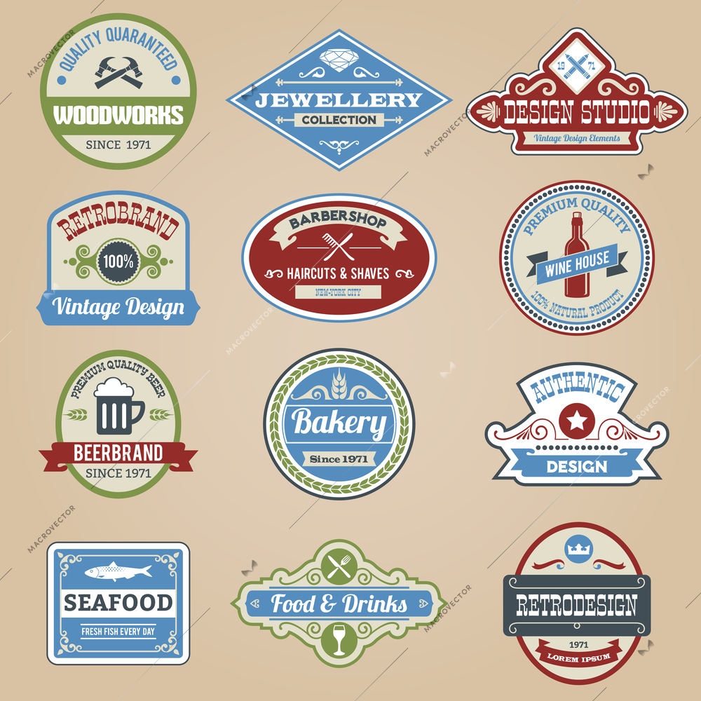 Retro emblems colored set with authentic seafood wine and jewellery stickers isolated vector illustration