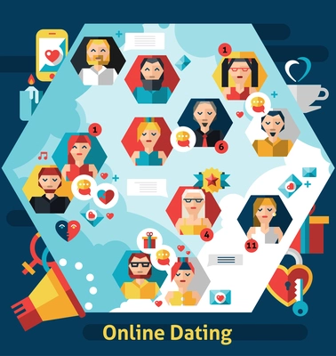 Online dating concept with people avatars and virtual love symbols vector illustration