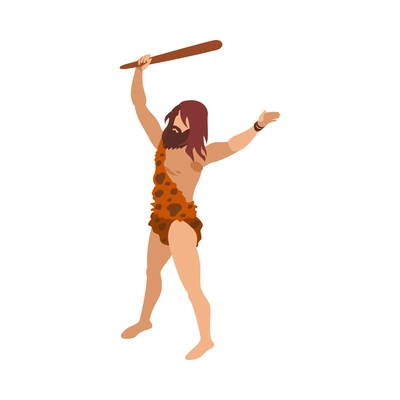 Stone age isometric composition with prehistoric human character on blank background vector illustration