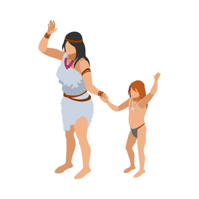 Stone age isometric composition with prehistoric human characters on blank background vector illustration