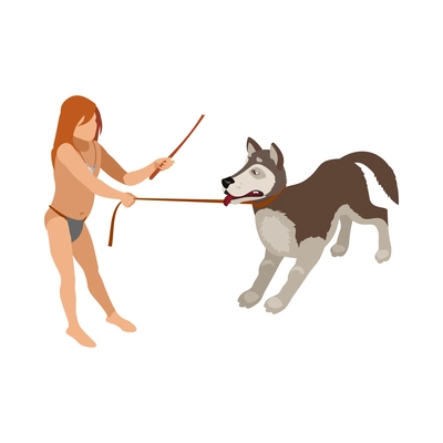 Stone age isometric composition with prehistoric human character and dog on blank background vector illustration