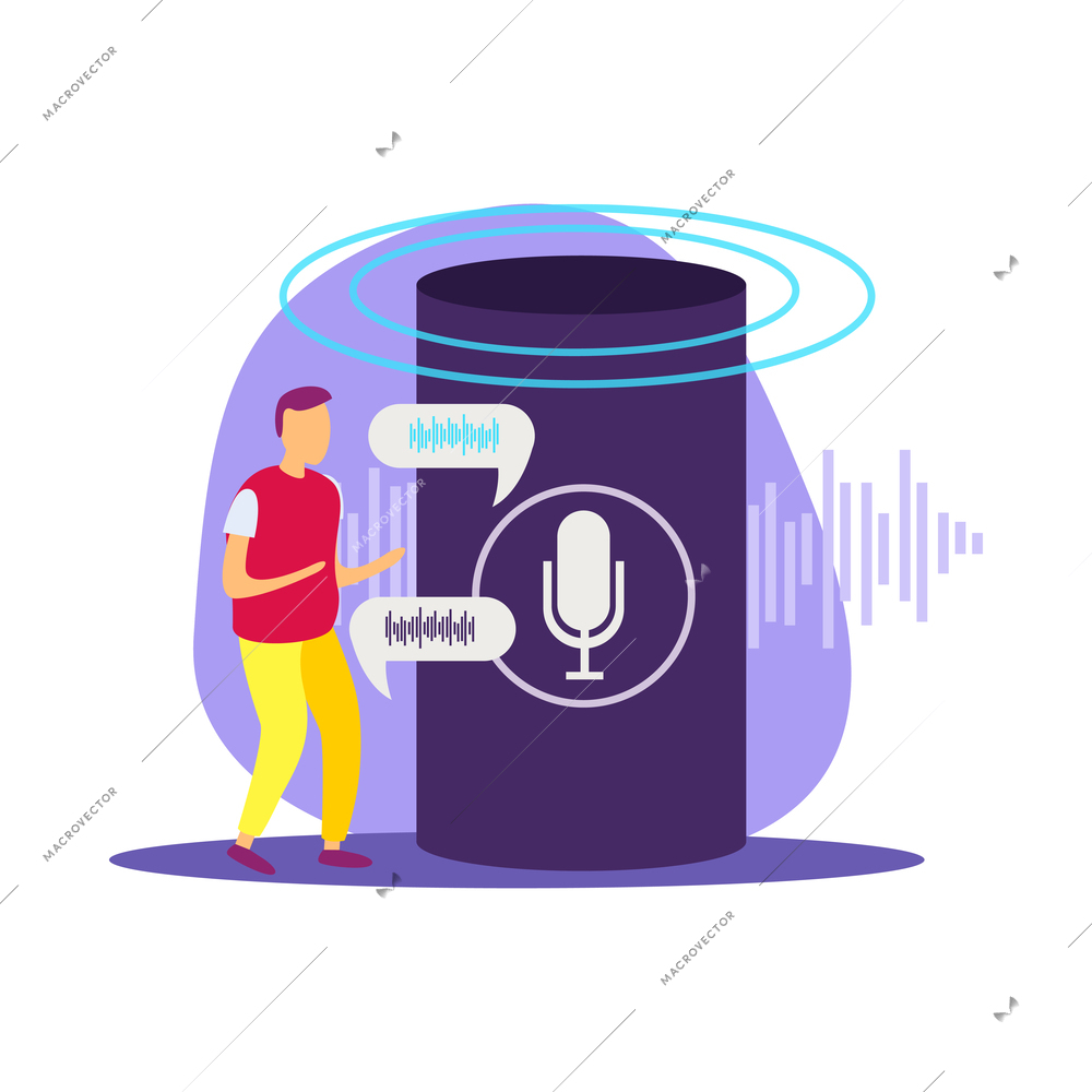 Voice control functions flat composition with human character using devices for web communication smart home management vector illustration