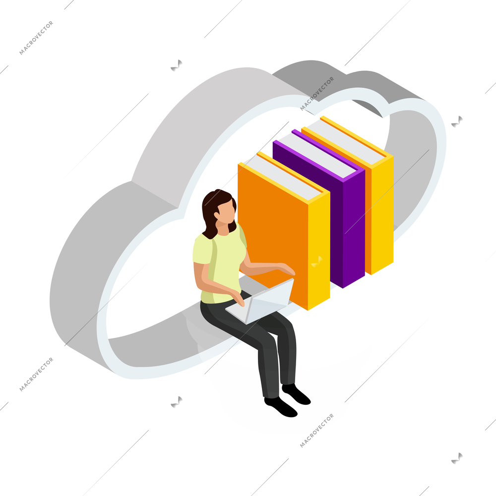 E-learning glow isometric composition with human character surrounded by books and modern technologies of learning vector illustration