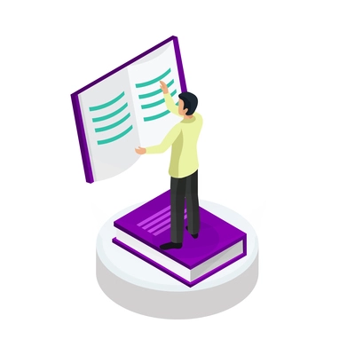 E-learning glow isometric composition with human character surrounded by books and modern technologies of learning vector illustration