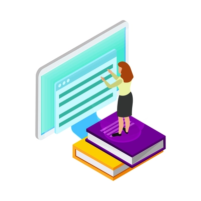 E-learning glow isometric composition with human character surrounded by books and modern technologies of learning vector illustration