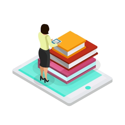 E-learning glow isometric composition with human character surrounded by books and modern technologies of learning vector illustration