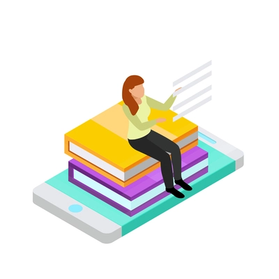 E-learning glow isometric composition with human character surrounded by books and modern technologies of learning vector illustration