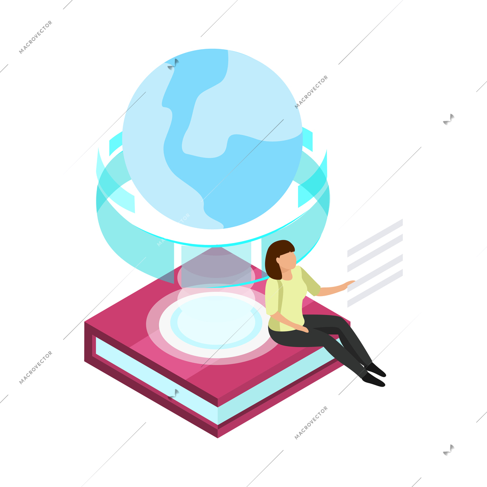 E-learning glow isometric composition with human character surrounded by books and modern technologies of learning vector illustration