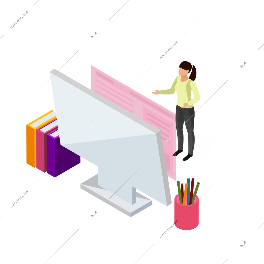 E-learning glow isometric composition with human character surrounded by books and modern technologies of learning vector illustration