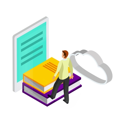 E-learning glow isometric composition with human character surrounded by books and modern technologies of learning vector illustration