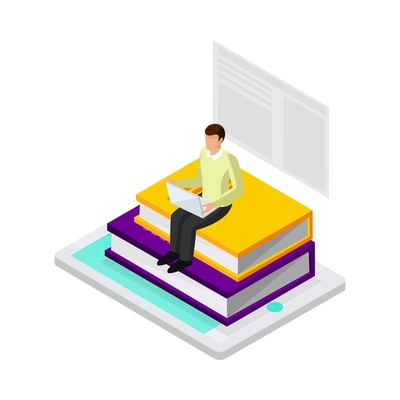 E-learning glow isometric composition with human character surrounded by books and modern technologies of learning vector illustration