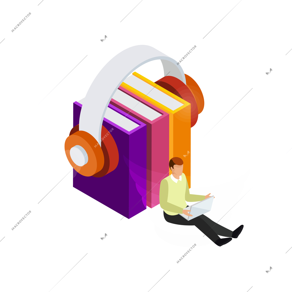 E-learning glow isometric composition with human character surrounded by books and modern technologies of learning vector illustration