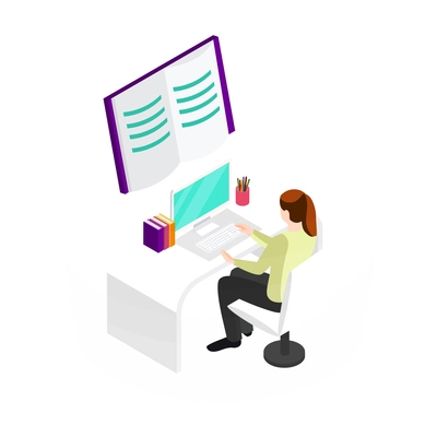 E-learning glow isometric composition with human character surrounded by books and modern technologies of learning vector illustration