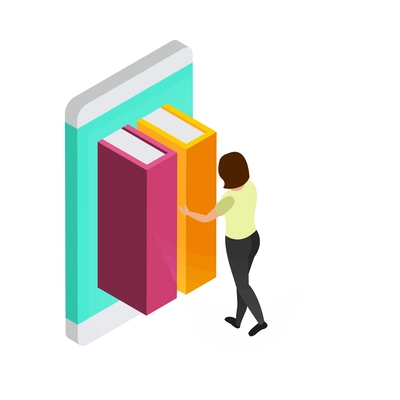 E-learning glow isometric composition with human character surrounded by books and modern technologies of learning vector illustration