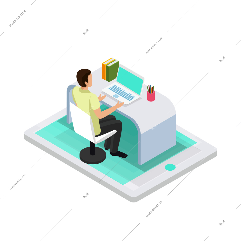 E-learning glow isometric composition with human character surrounded by books and modern technologies of learning vector illustration