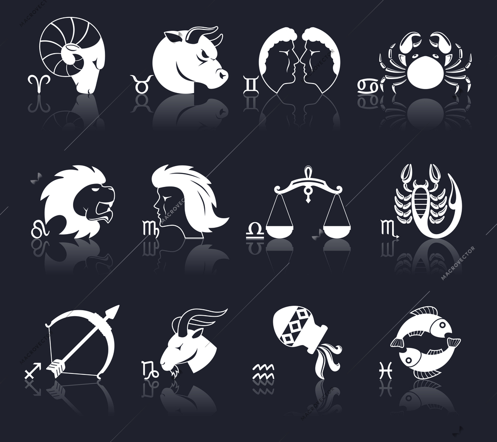 Zodiac constellation astrology signs decorative icons white set isolated vector illustration