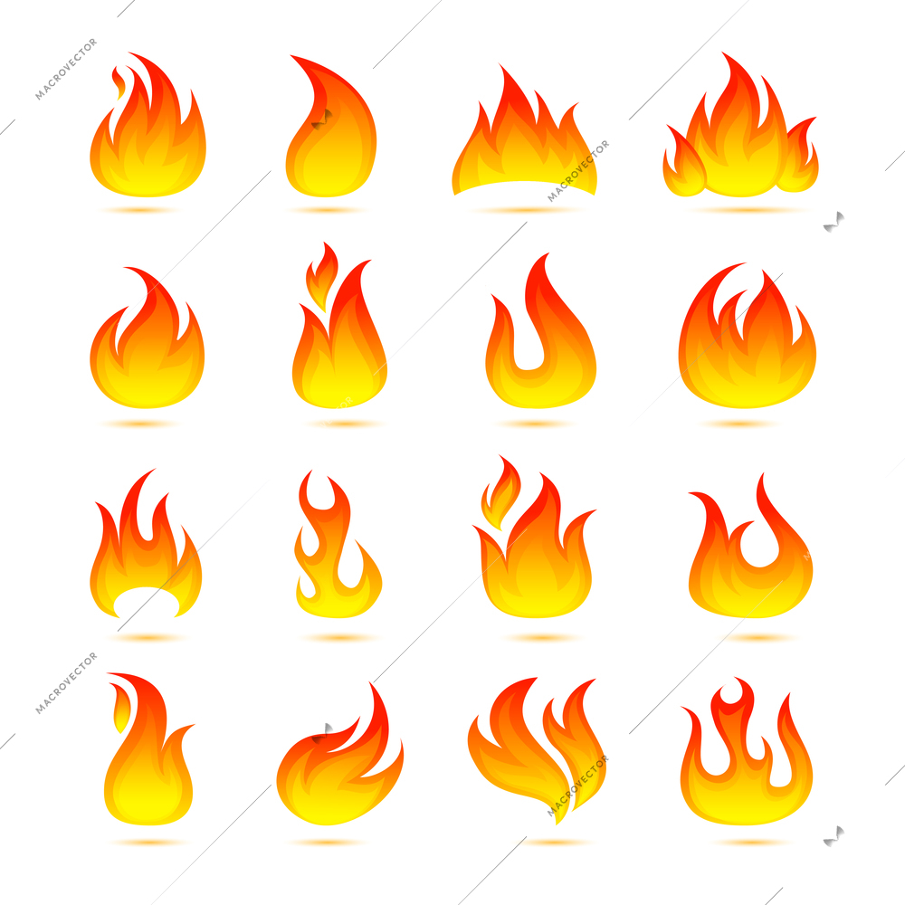 Fire campfire bonfire hot flame curls icons set isolated vector illustration