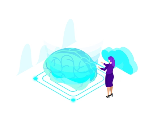 Artificial intelligence isometric composition with isolated ai glow image of brain with electronic gadgets and business people vector illustration