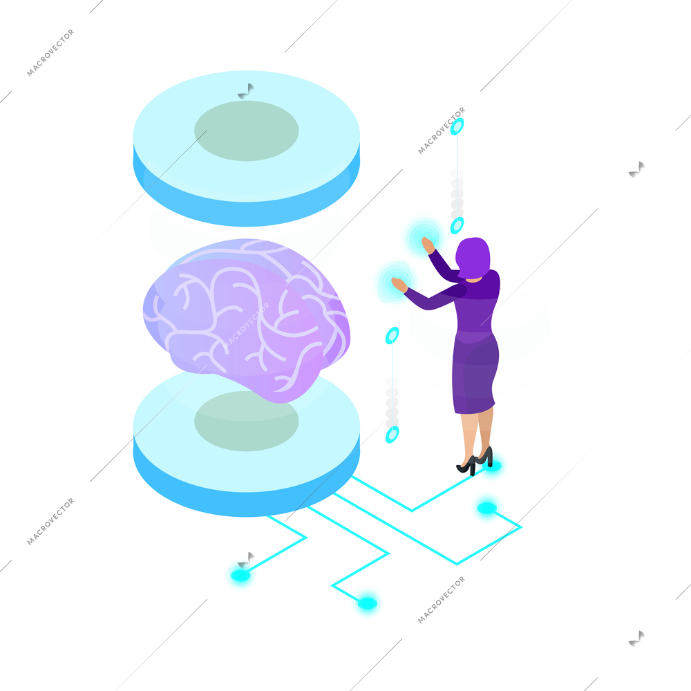 Artificial intelligence isometric composition with isolated ai glow image of brain with electronic gadgets and business people vector illustration