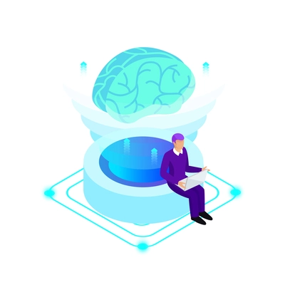 Artificial intelligence isometric composition with isolated ai glow image of brain with electronic gadgets and business people vector illustration
