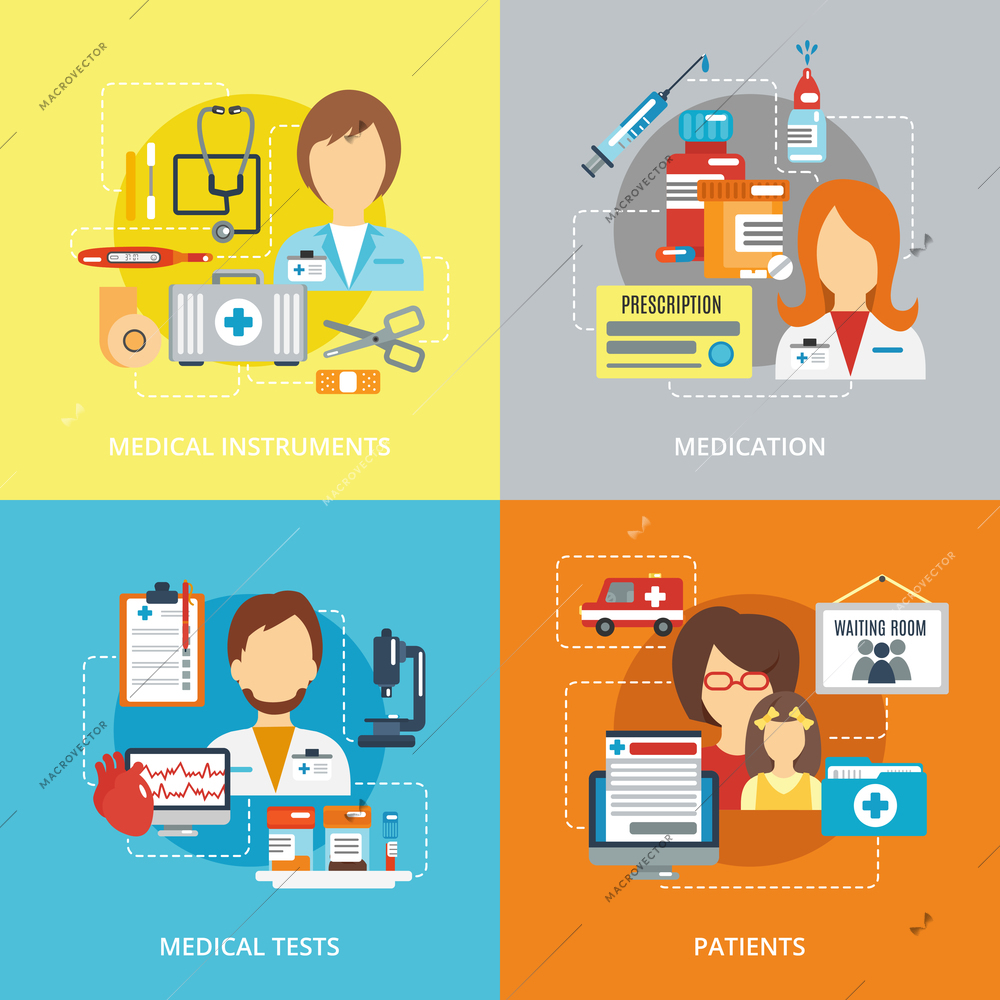 Doctor design concepts set with medical instruments medication tested patients flat icons isolated vector illustration