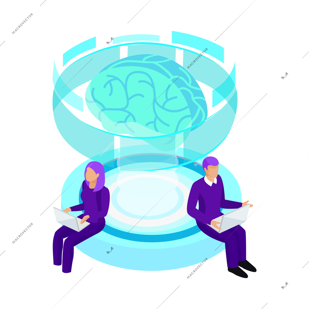 Artificial intelligence isometric composition with isolated ai glow image of brain with electronic gadgets and business people vector illustration