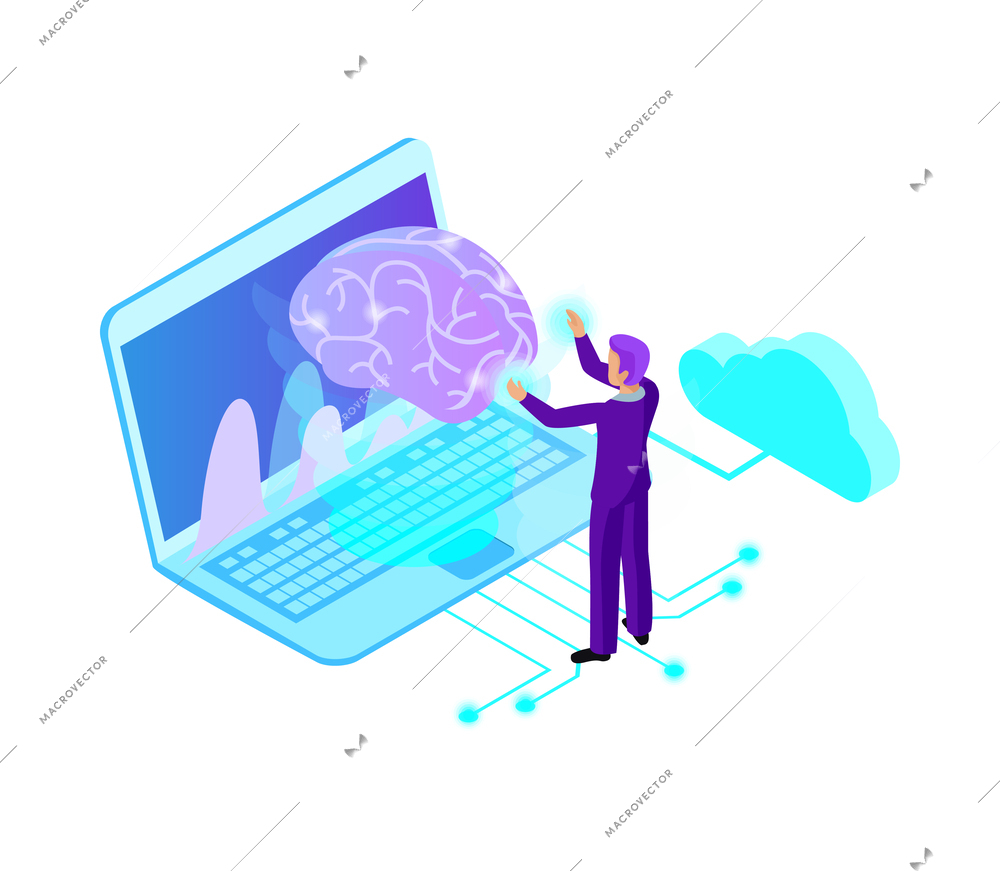 Artificial intelligence isometric composition with isolated ai glow image of brain with electronic gadgets and business people vector illustration