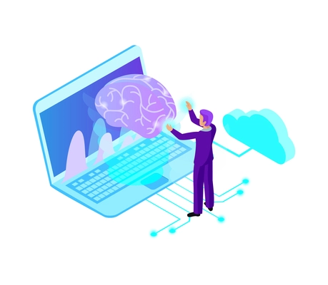 Artificial intelligence isometric composition with isolated ai glow image of brain with electronic gadgets and business people vector illustration