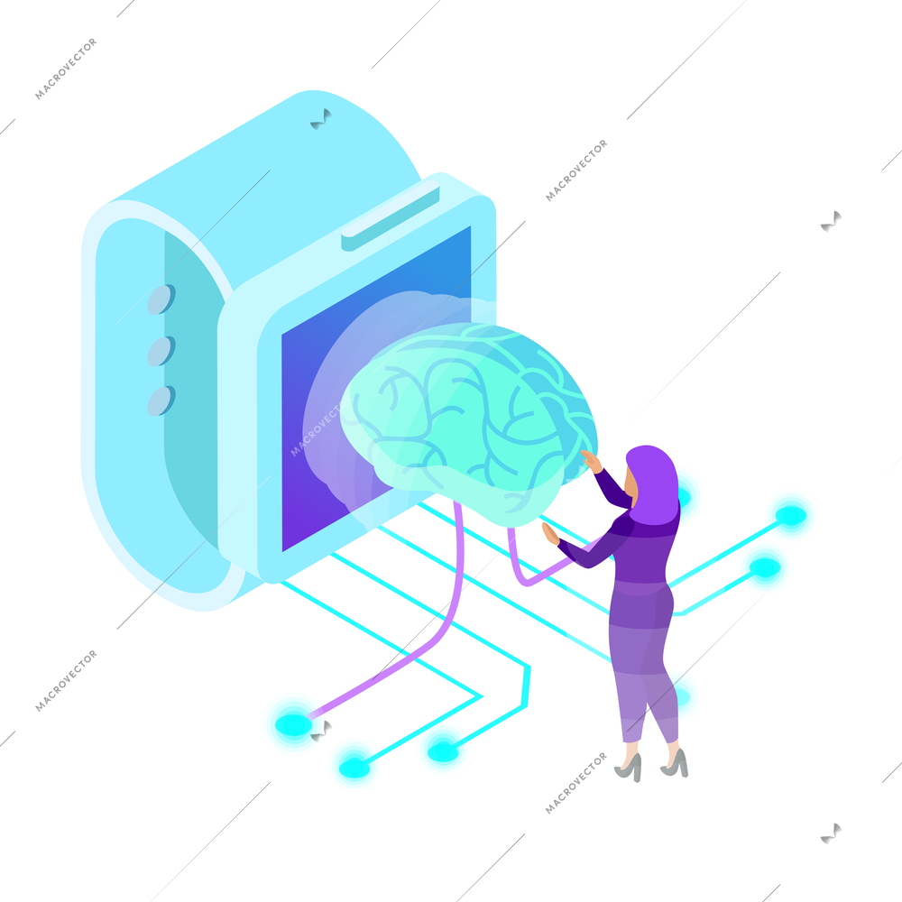 Artificial intelligence isometric composition with isolated ai glow image of brain with electronic gadgets and business people vector illustration